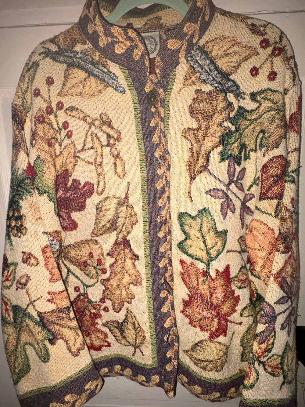 Sugar Street Weavers Women’s Cream Fall Vintage Jacket with Autumn Motif.